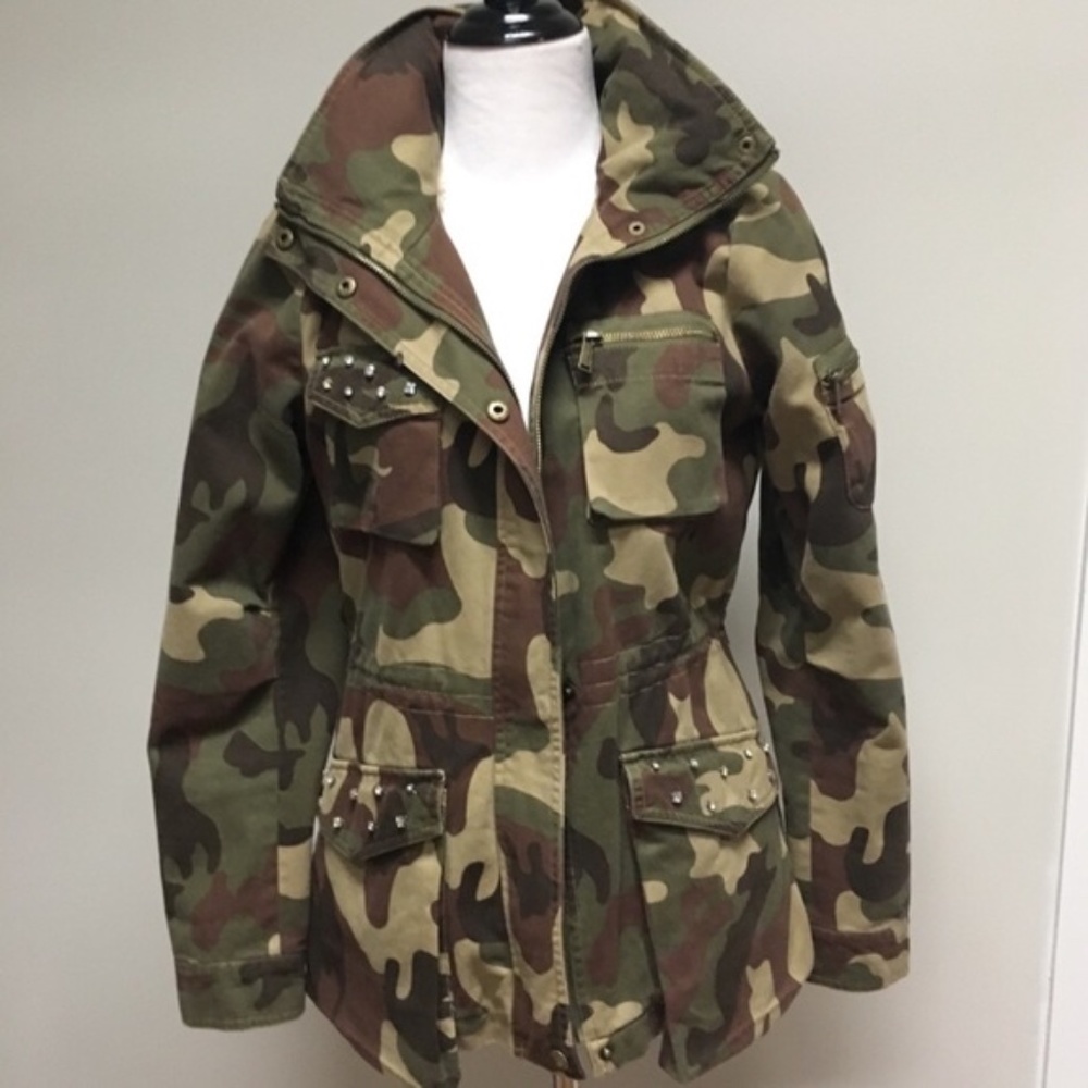 BCBGeneration Women's Camo Rhinestone Studded Faux Fur Lined Jacket Coat…